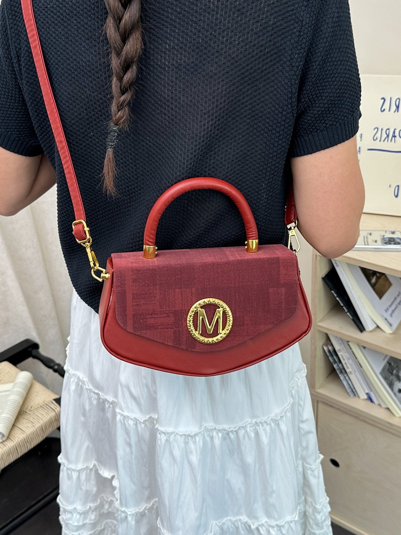 Red Crossbody Bag with Golden M Emblem