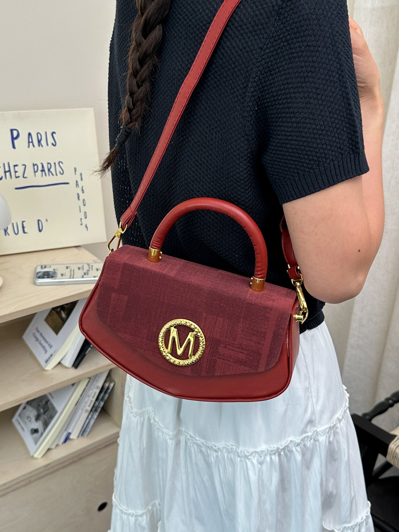 Red Crossbody Bag with Golden M Emblem