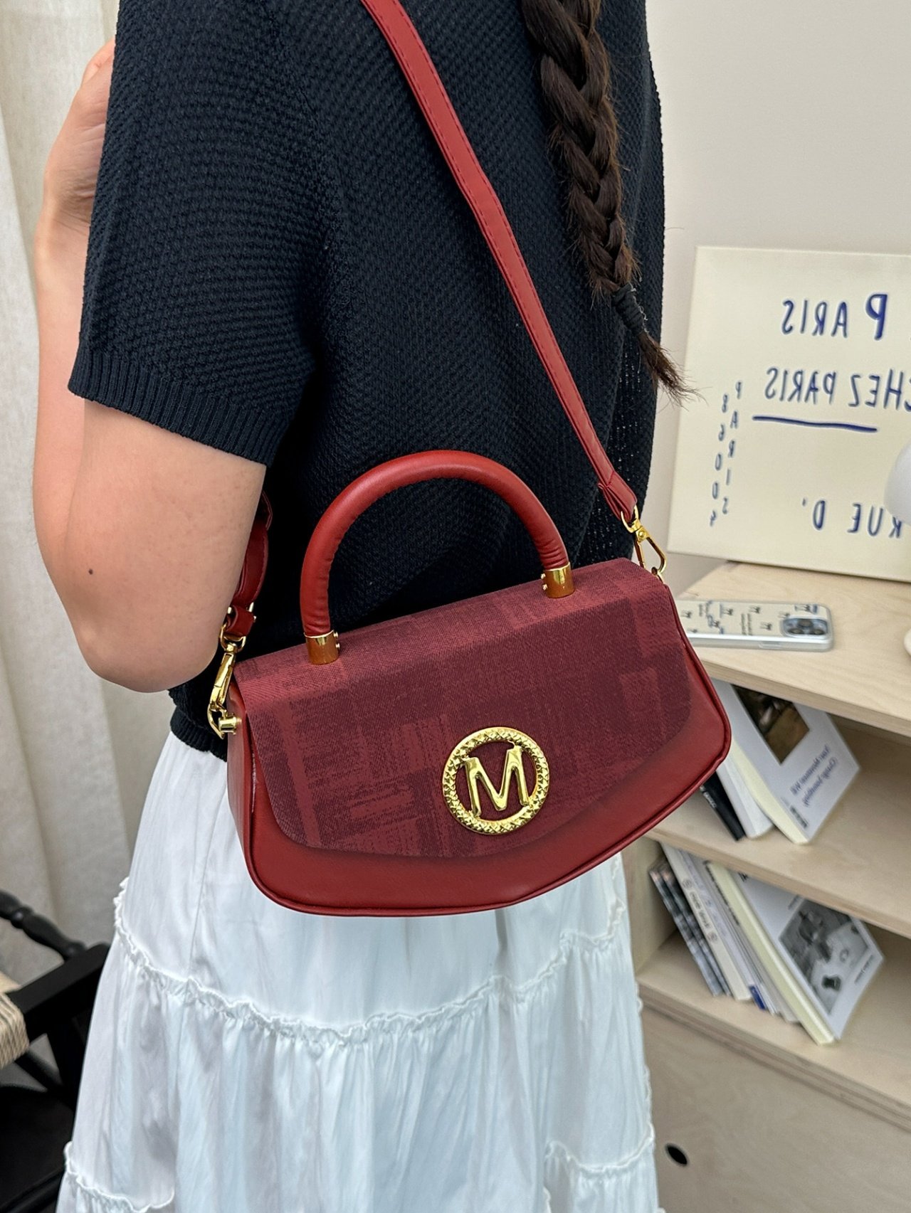 Red Crossbody Bag with Golden M Emblem
