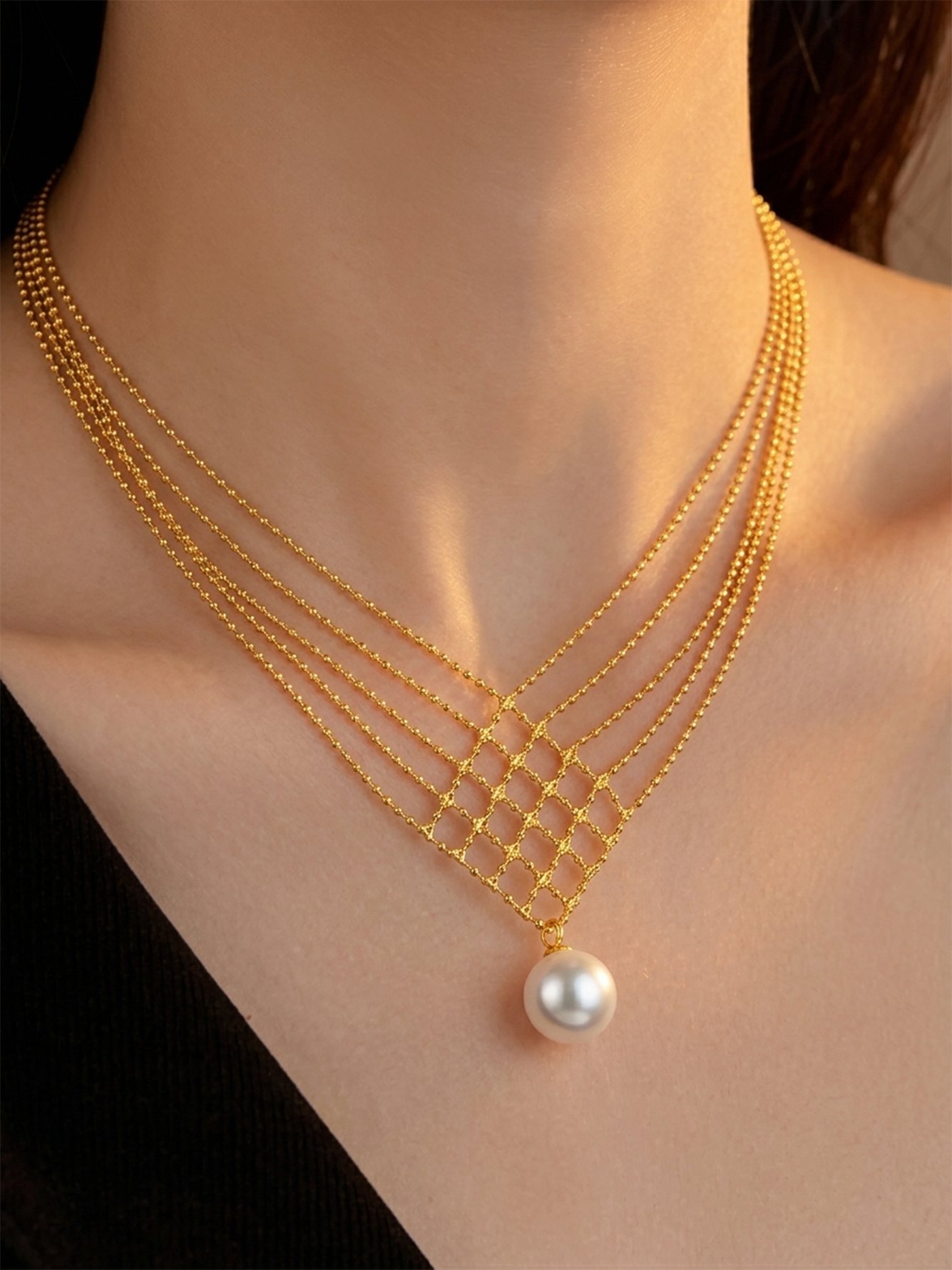 Gold Layered Necklace with Pearl Pendant 