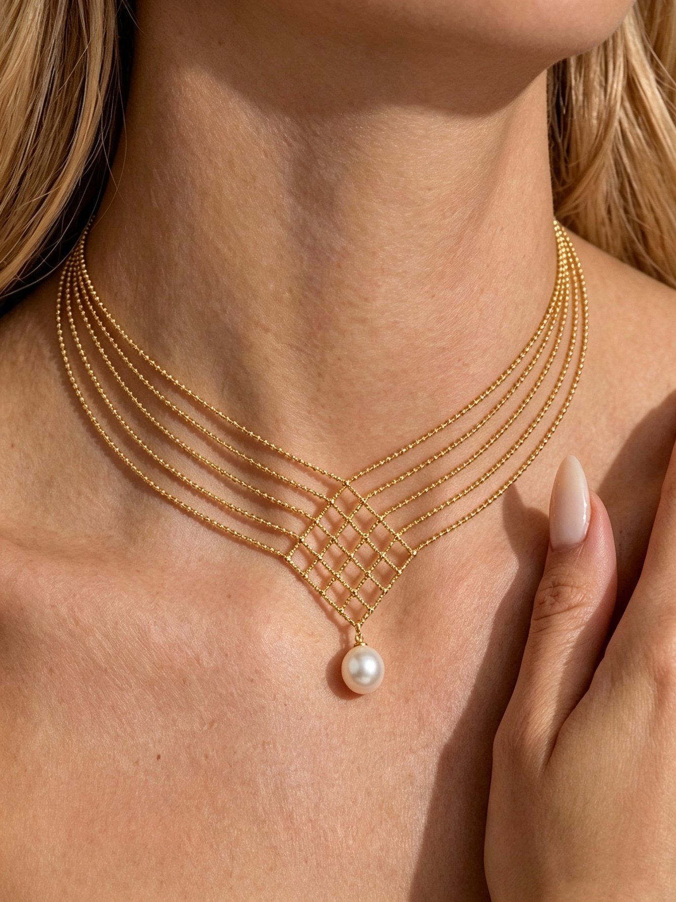 Gold Layered Necklace with Pearl Pendant 
