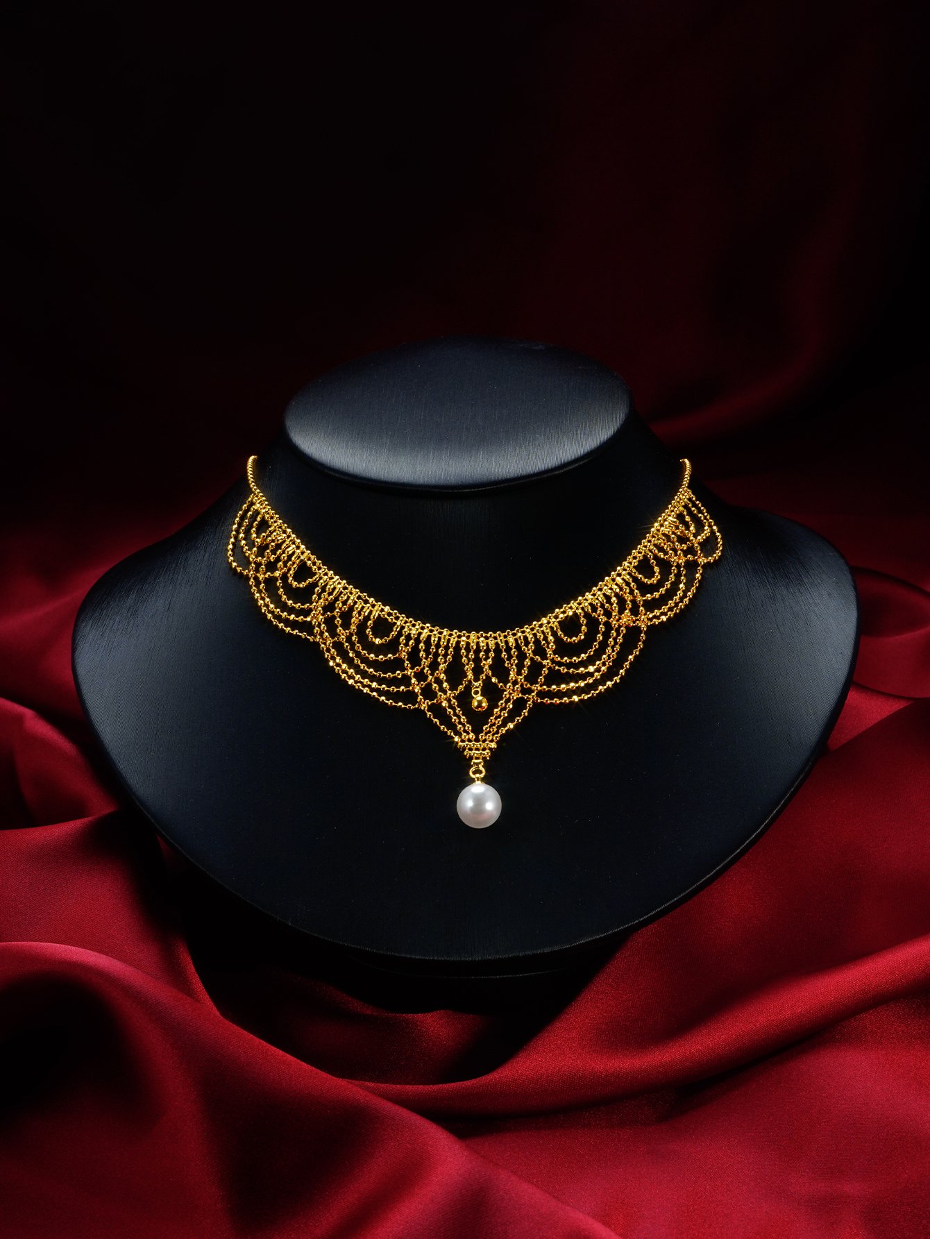 Gold Layered Necklace with Pearl Drop 