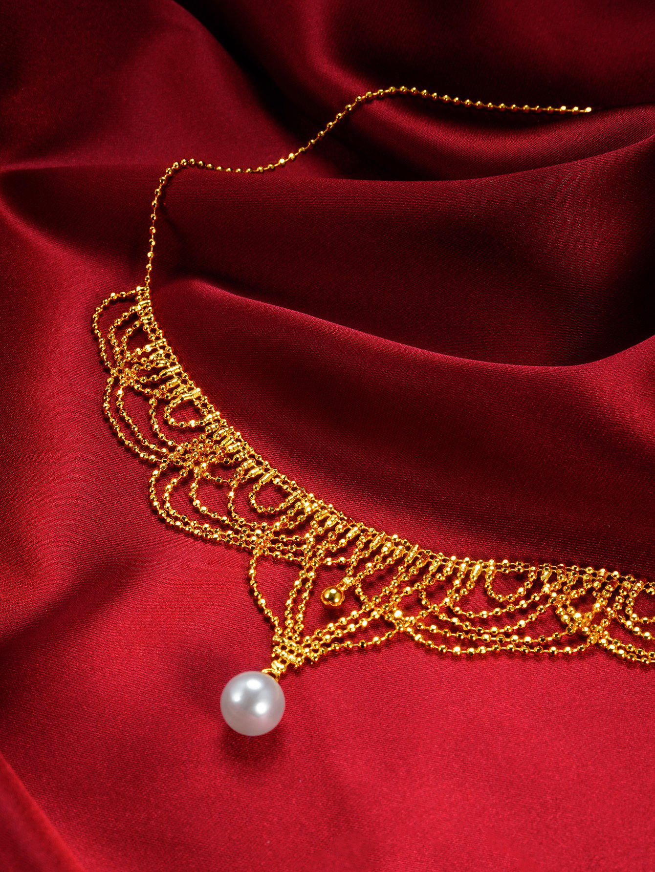 Gold Layered Necklace with Pearl Drop 