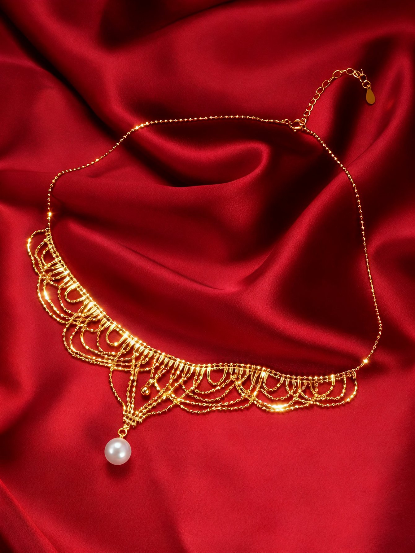 Gold Layered Necklace with Pearl Drop 