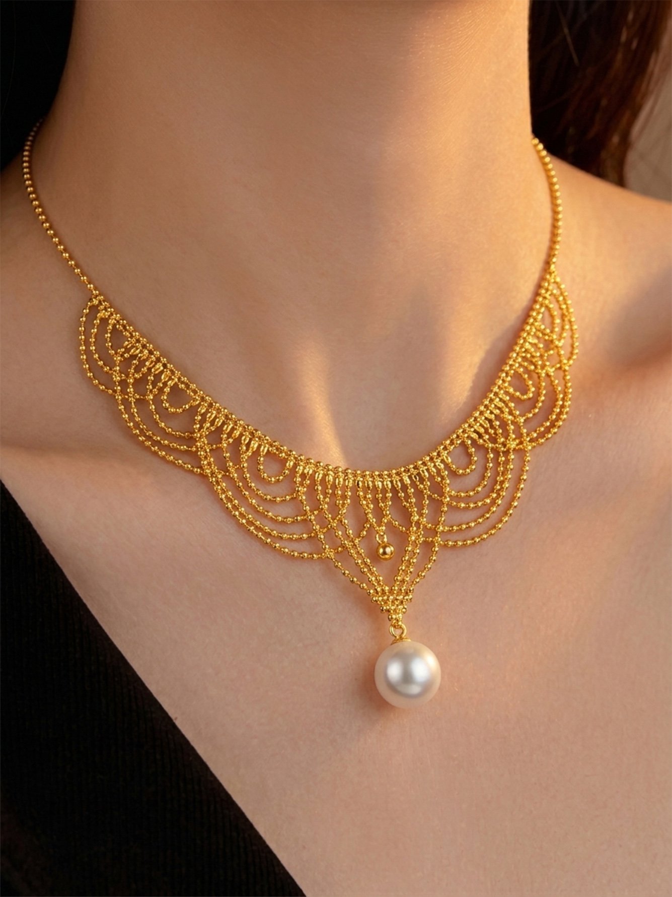 Gold Layered Necklace with Pearl Drop 