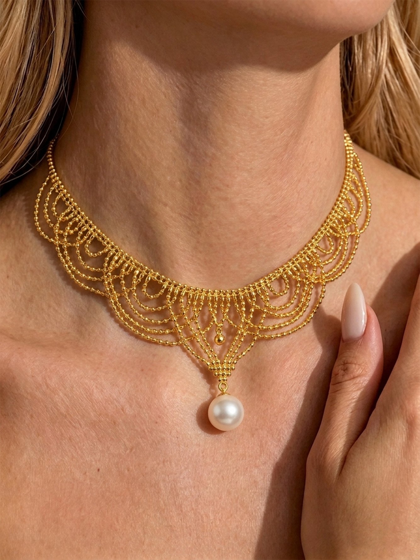 Gold Layered Necklace with Pearl Drop 