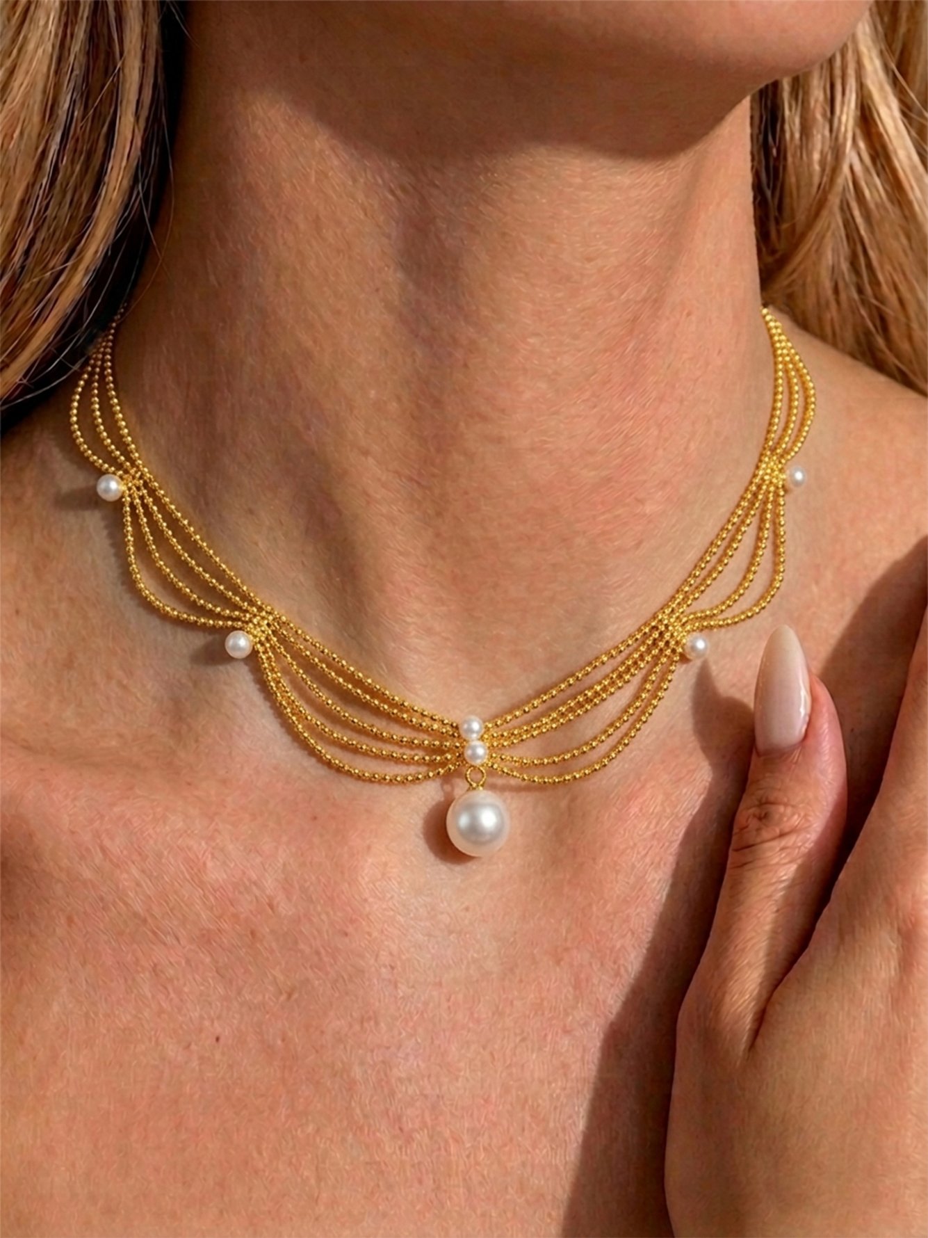 Gold and Pearl Draped Necklace