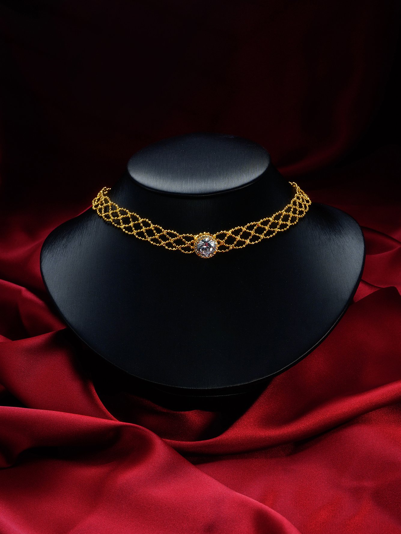 Golden Mesh Choker Necklace with Crystal Accent