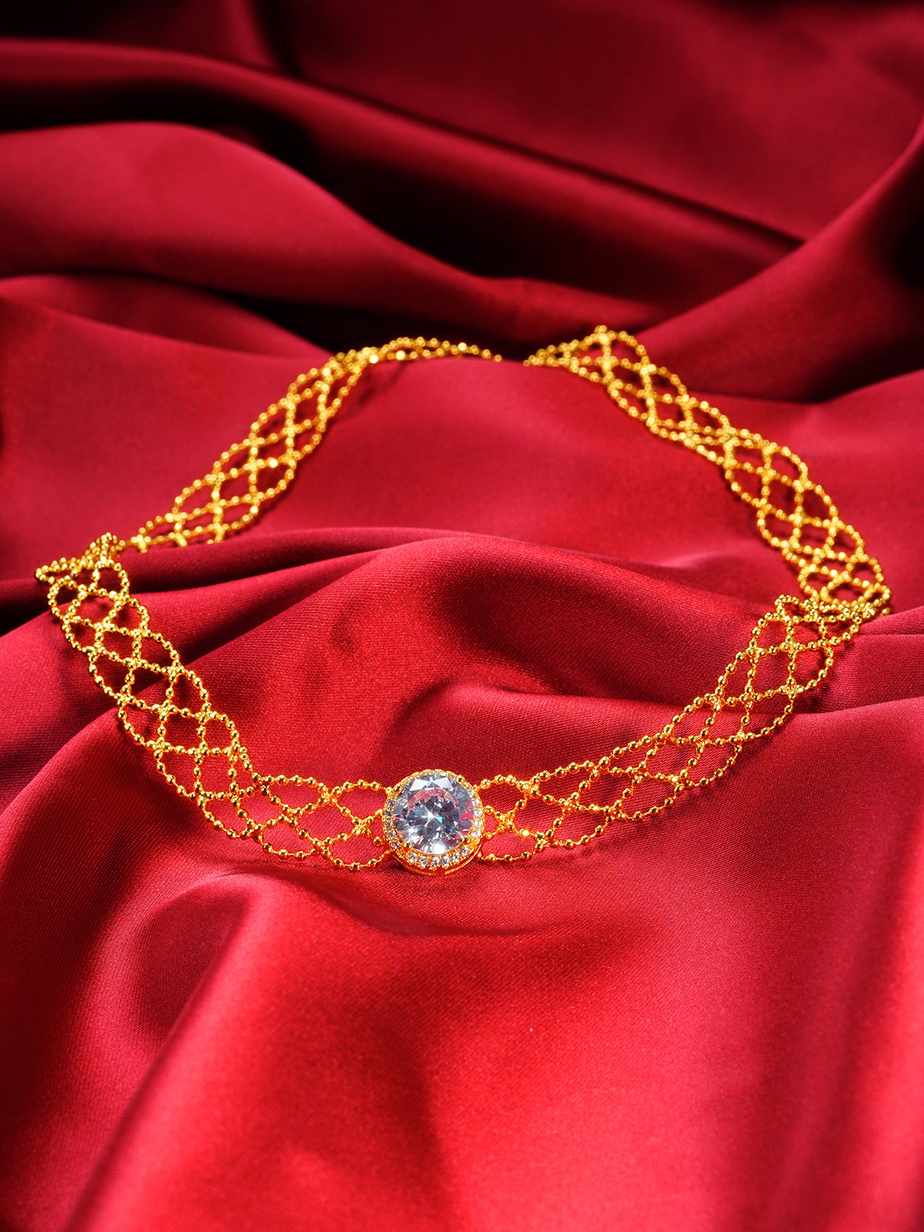 Golden Mesh Choker Necklace with Crystal Accent