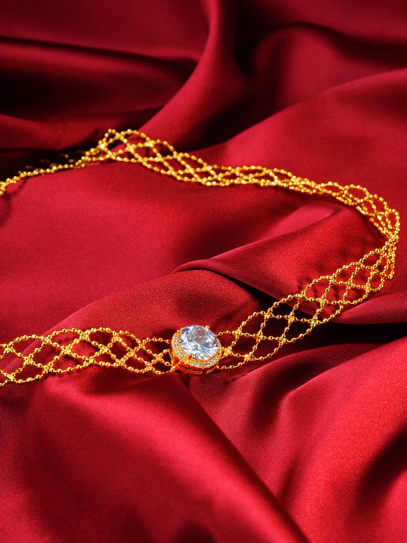 Golden Mesh Choker Necklace with Crystal Accent