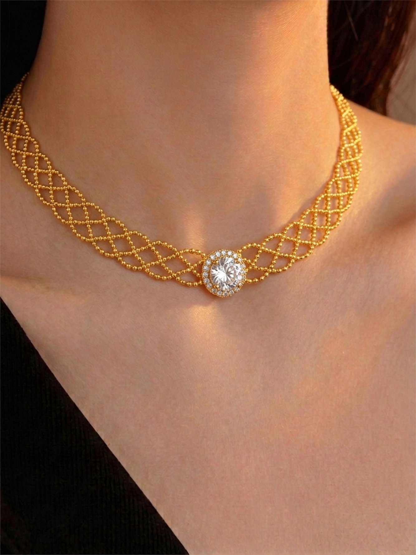 Golden Mesh Choker Necklace with Crystal Accent