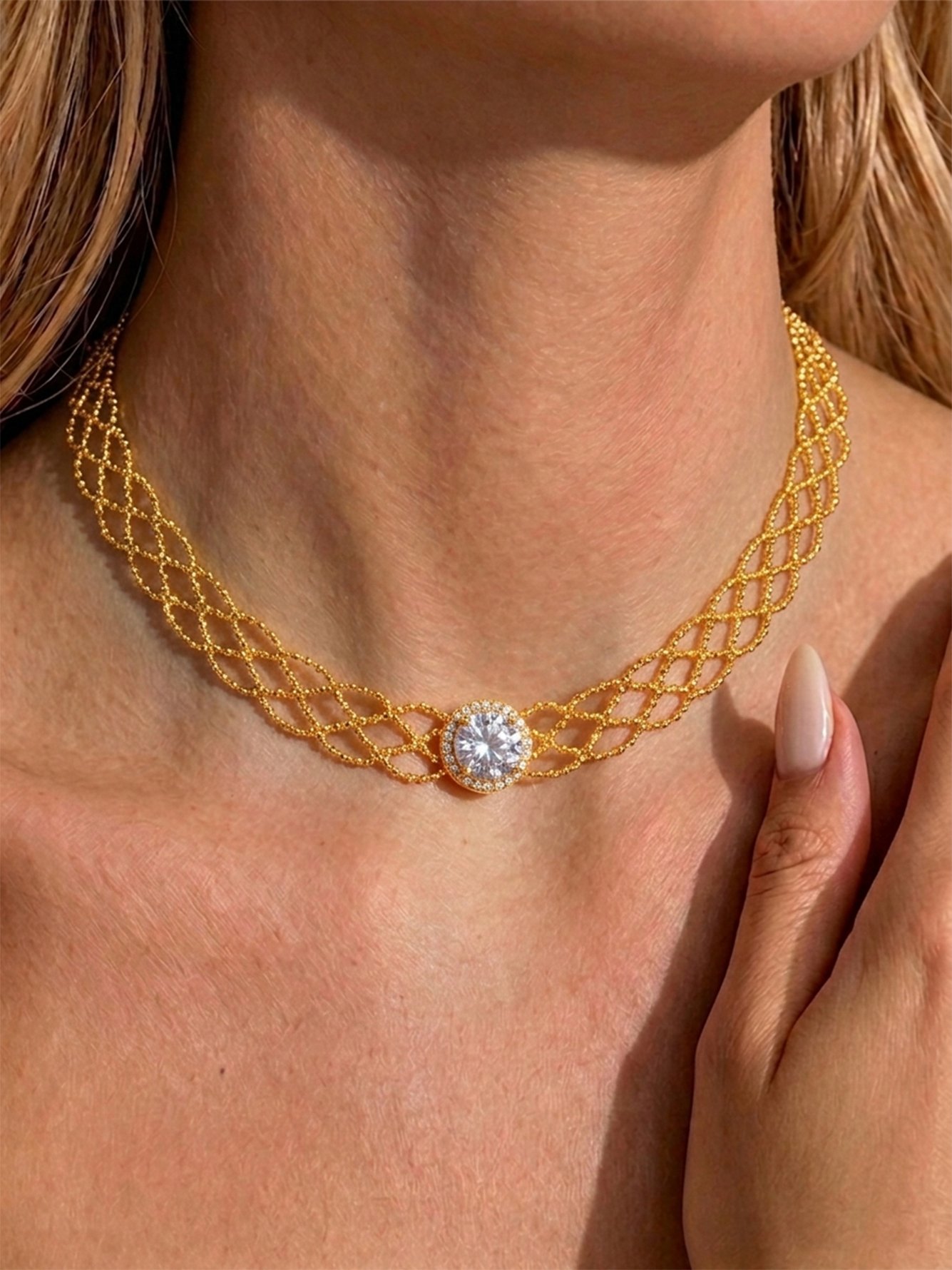 Golden Mesh Choker Necklace with Crystal Accent