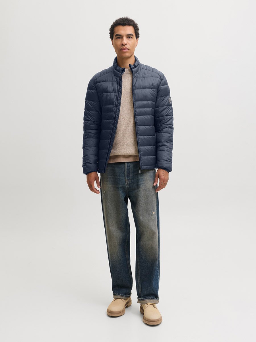 Navy Blue JJEKINGSLEY Logo Patchwork Zip Puffer Jacket