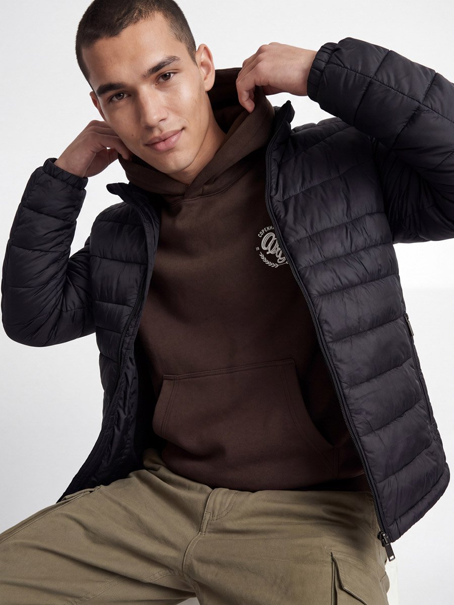 Black JJEKINGSLEY Solid Puffer Jacket with Zip Closure