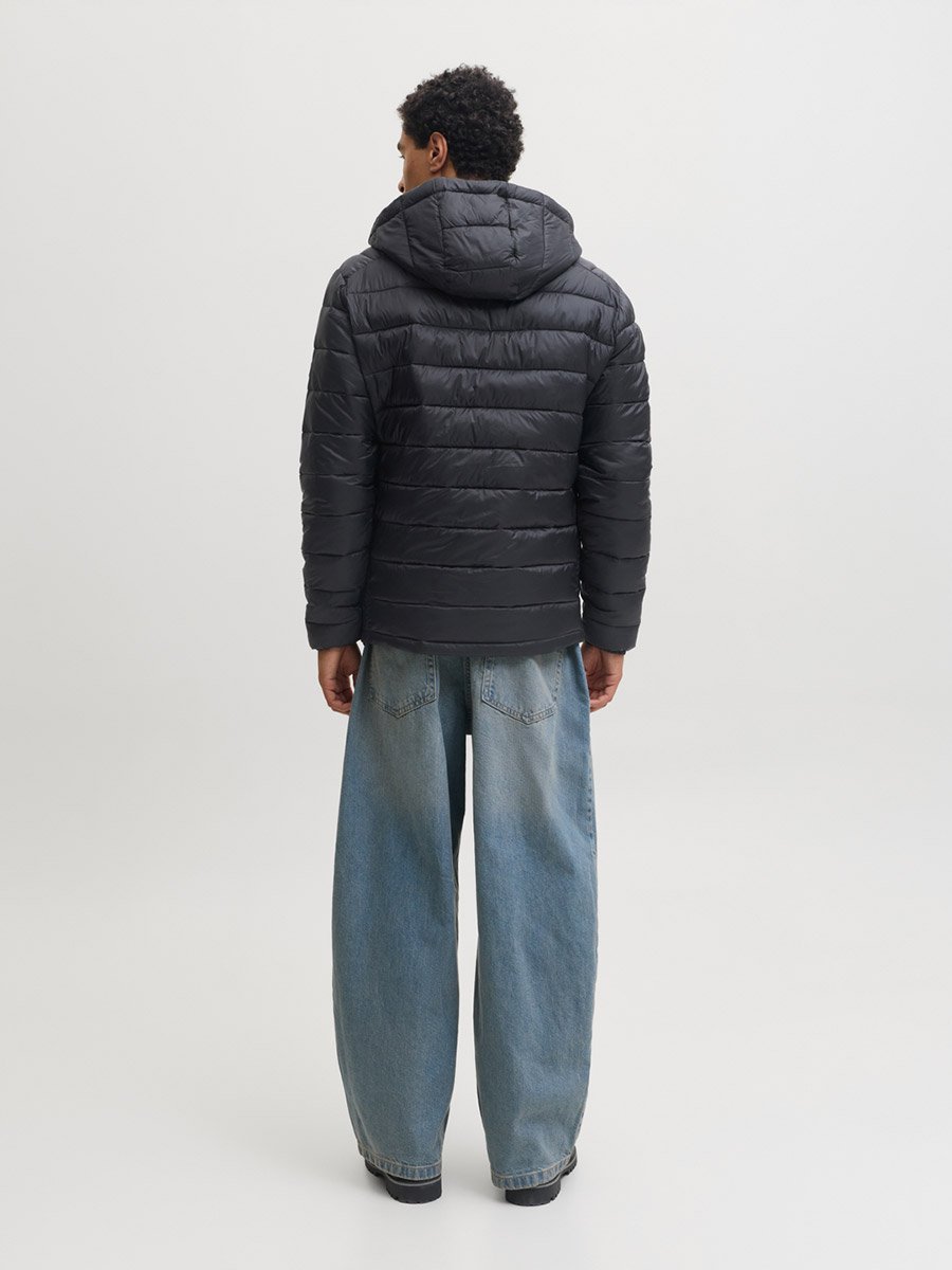 Black JJEKINGSLEY Hooded Puffer Jacket with Zip Closure