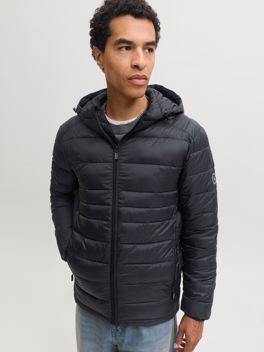 Black JJEKINGSLEY Hooded Puffer Jacket with Zip Closure