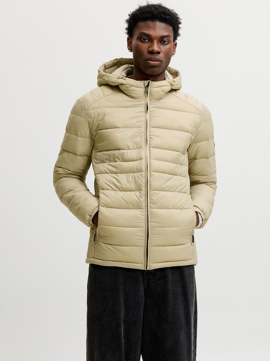 Beige JJEKINGSLEY Hooded Puffer Jacket with Zip Closure