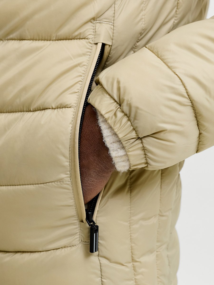 Beige JJEKINGSLEY Hooded Puffer Jacket with Zip Closure
