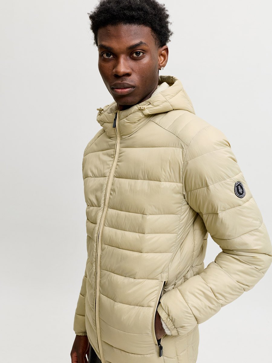 Beige JJEKINGSLEY Hooded Puffer Jacket with Zip Closure