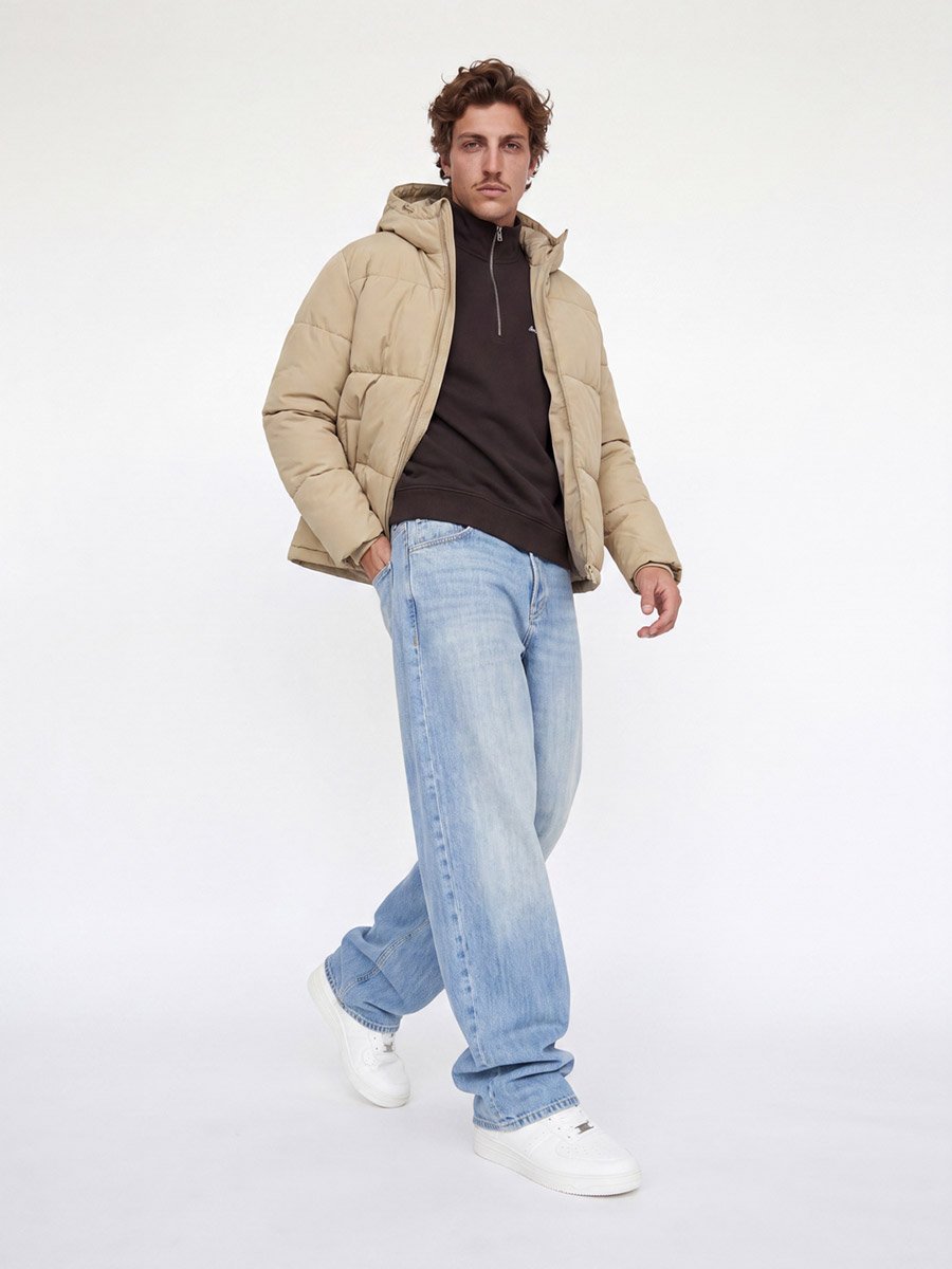 Beige JJGALAXY Hooded Puffer Jacket with Zip Closure