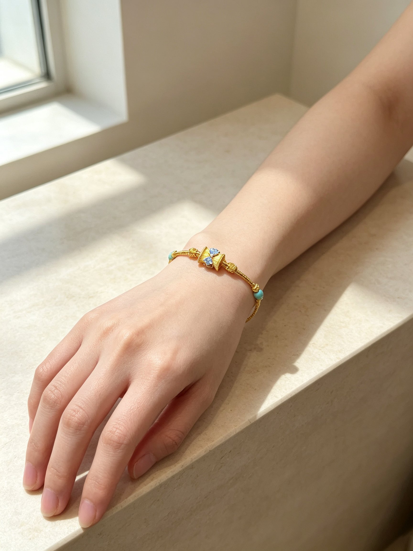 Golden Charm Bracelet with Blue Enamel and Turquoise Accent