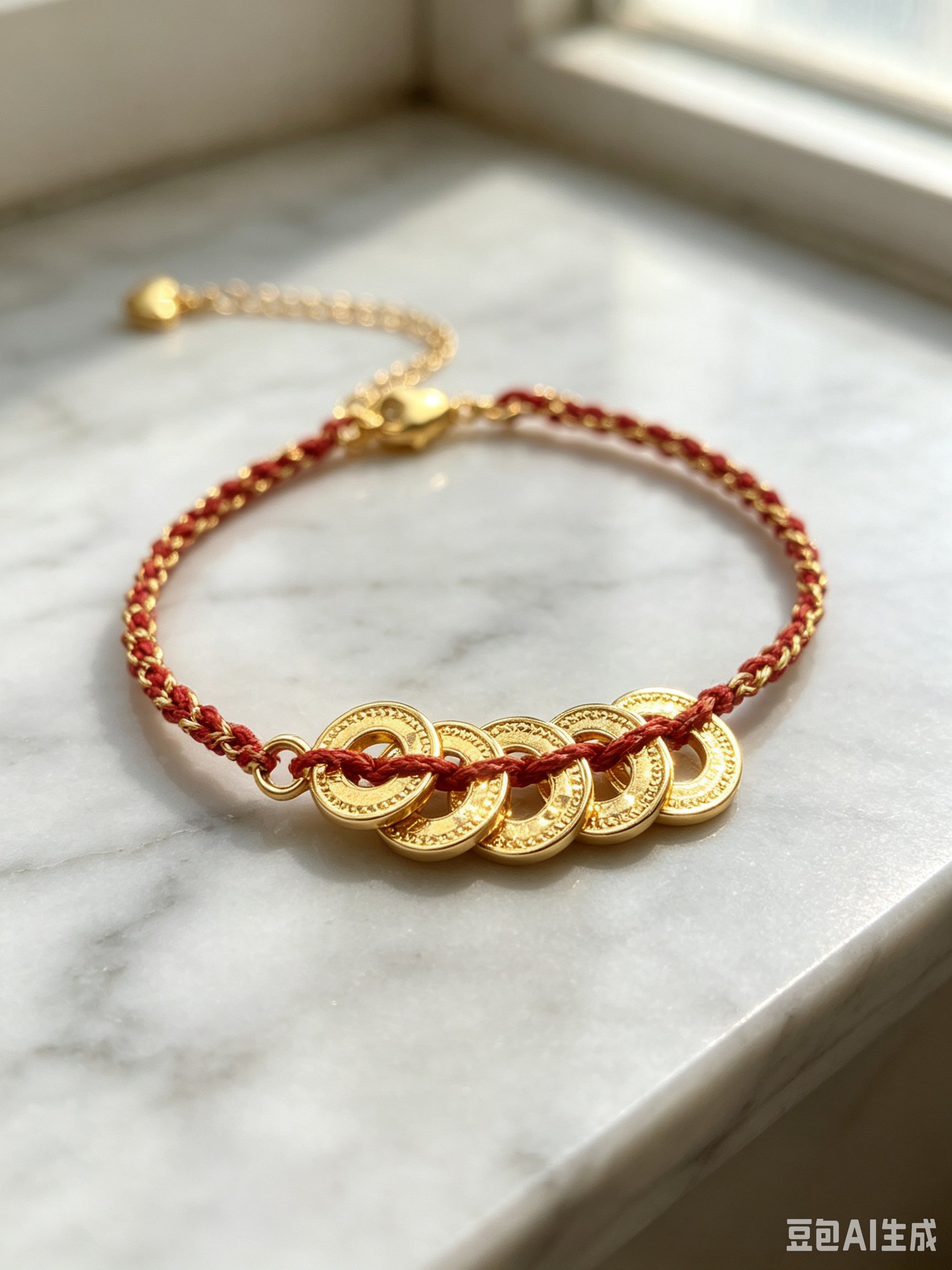 Golden Coin and Red Cord Bracelet