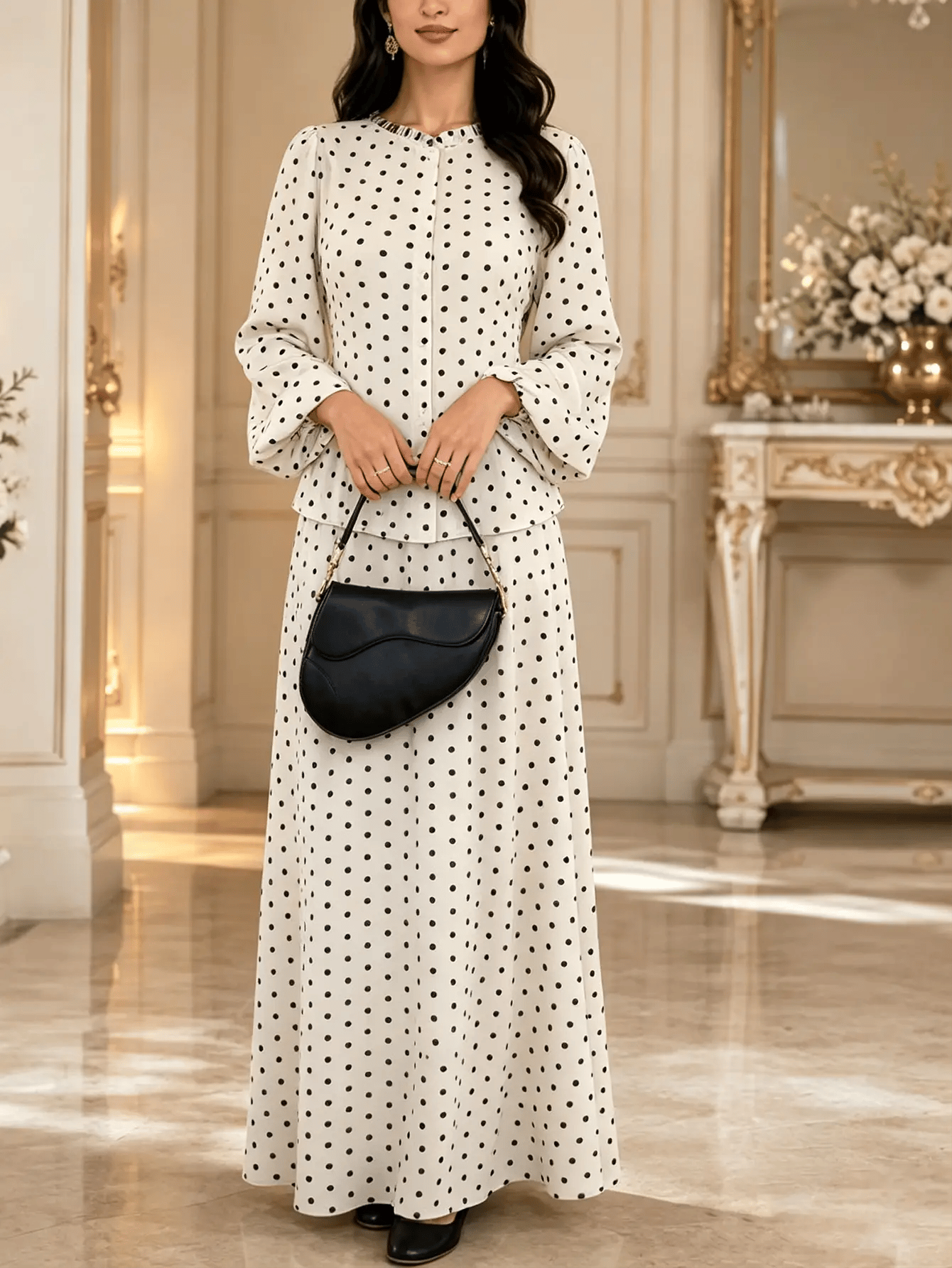 طقم تنورة قطعتين بطبعة نقاط بولكا