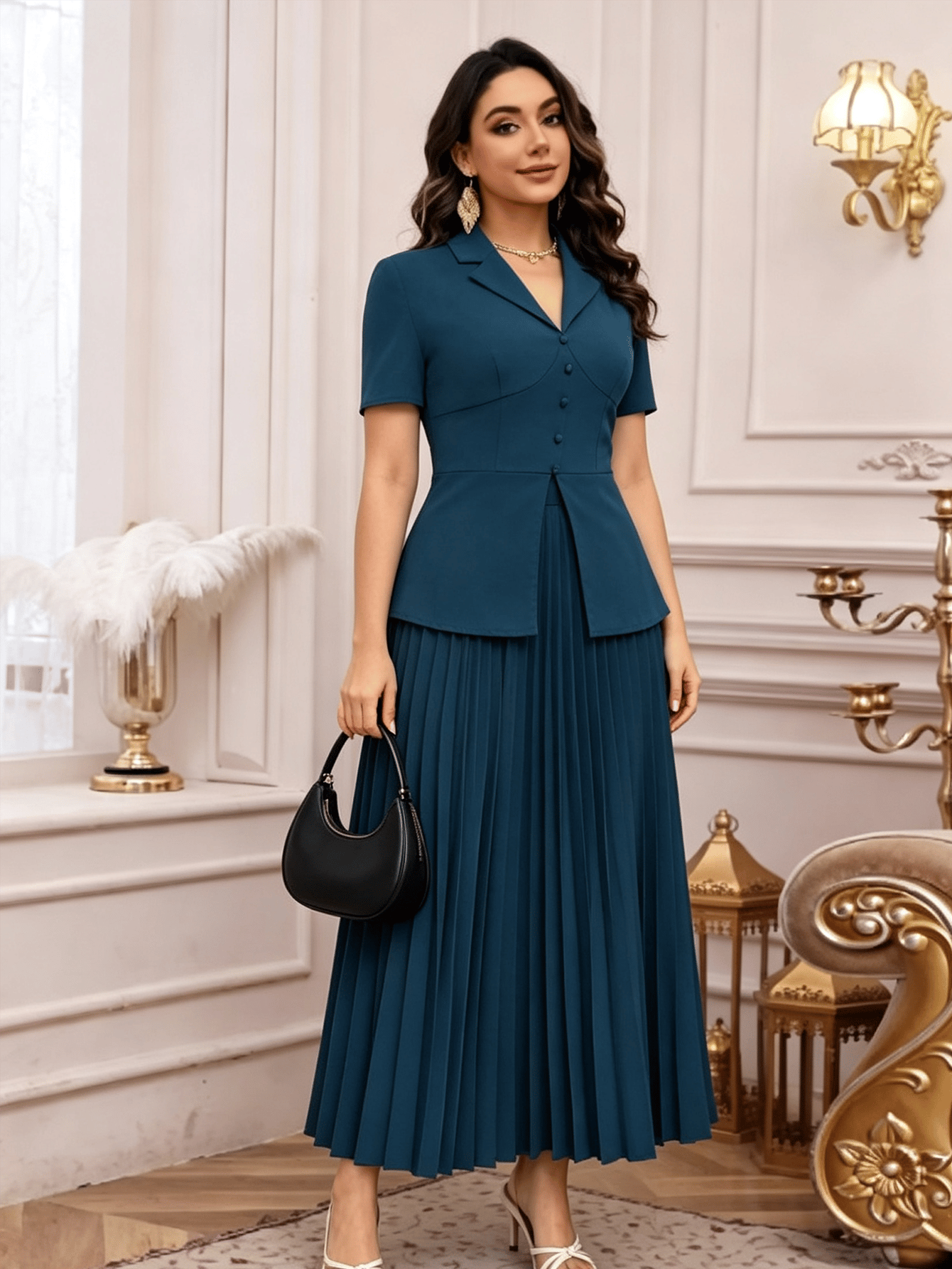 Blue Pleated Skirt and Blouse Set
