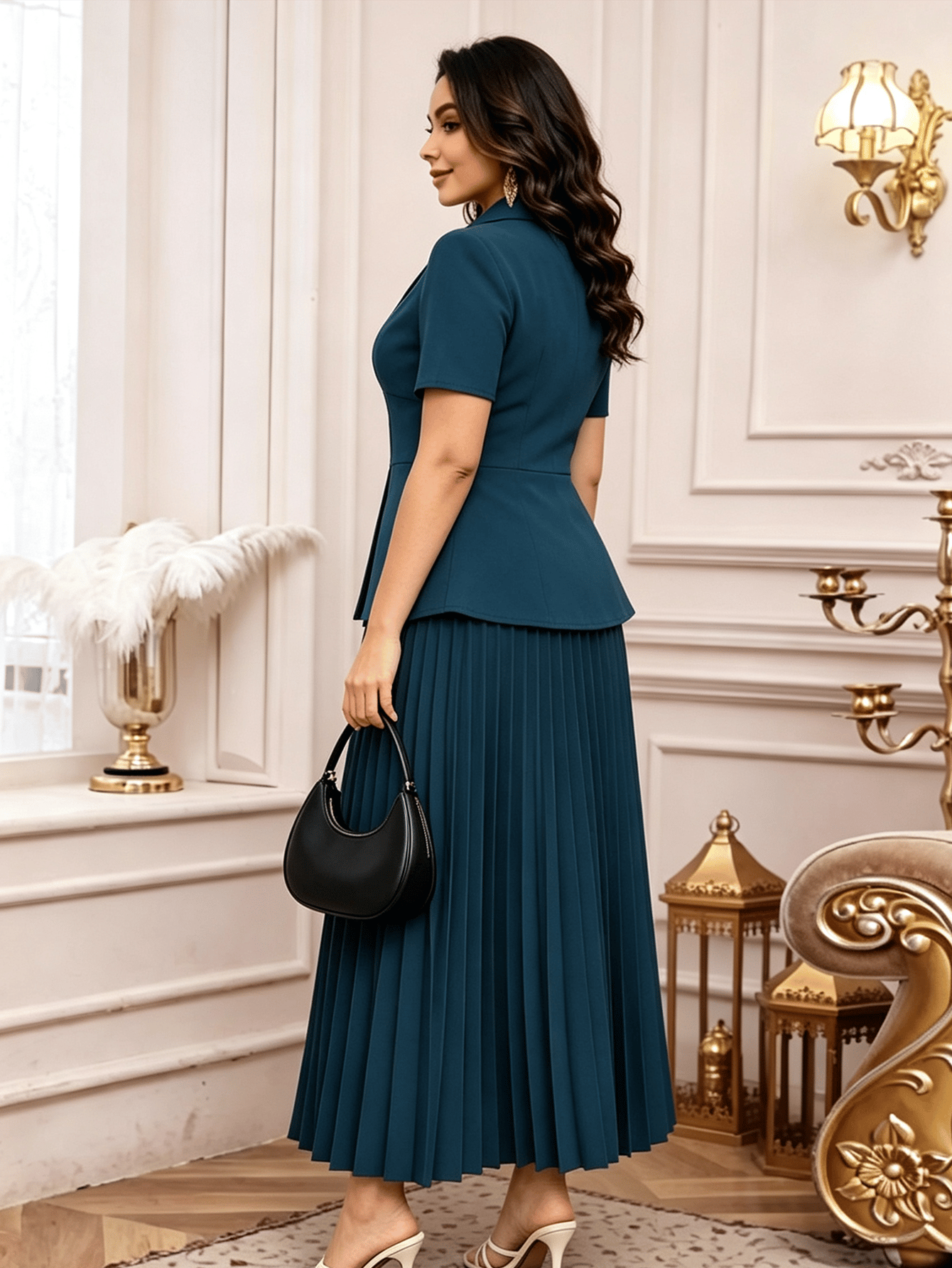 Blue Pleated Skirt and Blouse Set