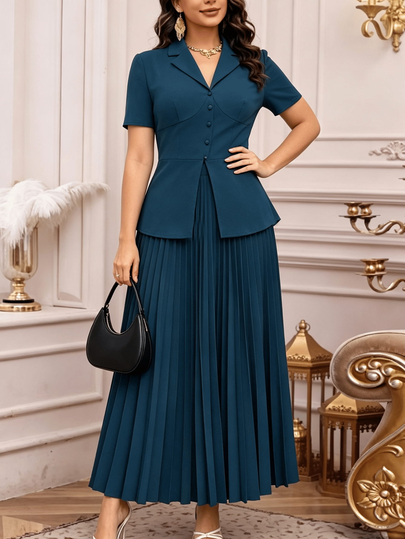 Blue Pleated Skirt and Blouse Set