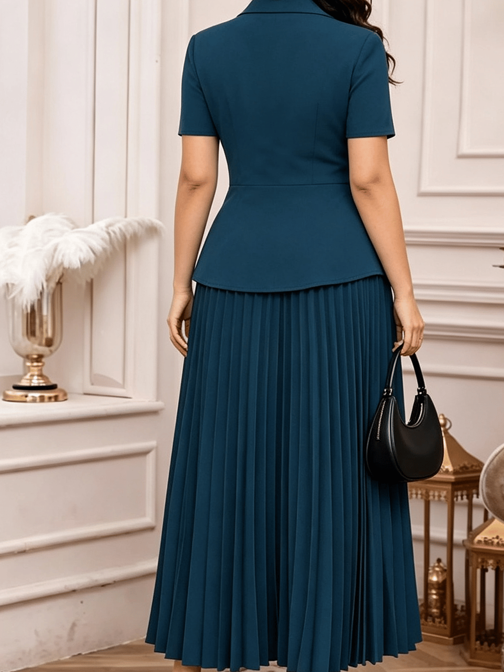 Blue Pleated Skirt and Blouse Set