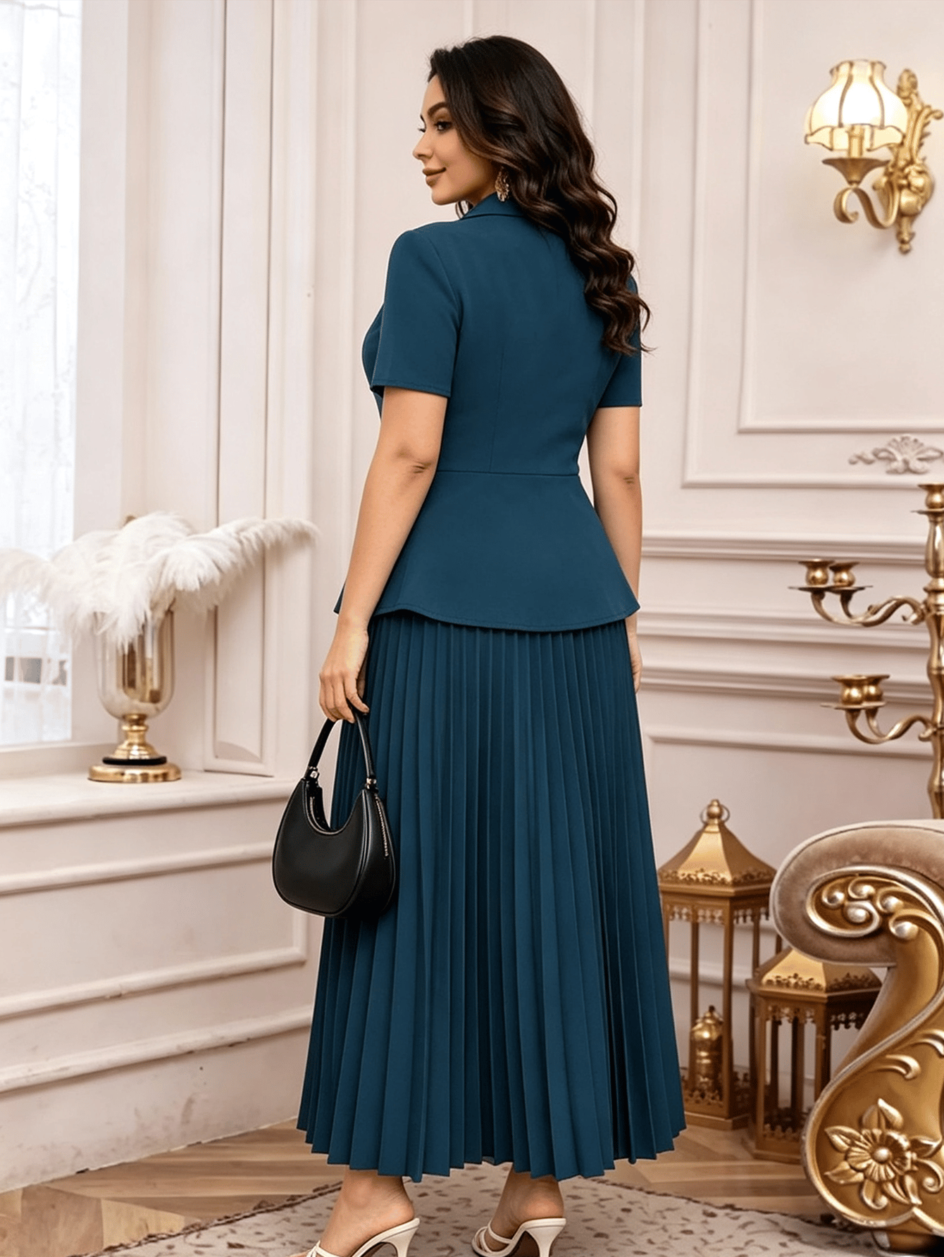 Blue Pleated Skirt and Blouse Set