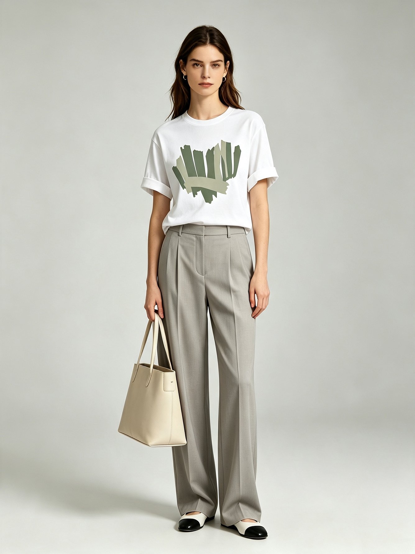 White Graphic Print Roll-Up Sleeves Knitted T-Shirt