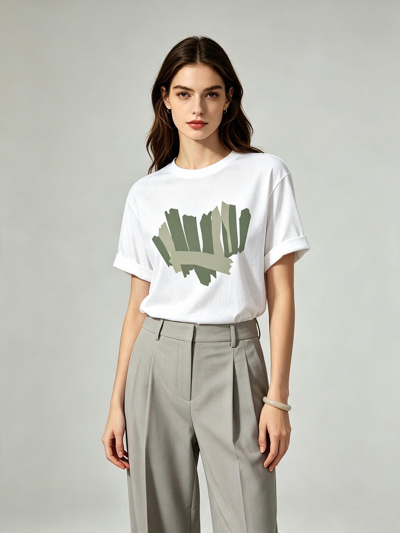 White Graphic Print Roll-Up Sleeves Knitted T-Shirt