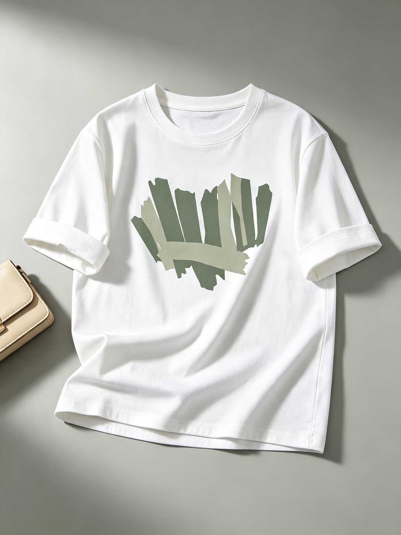White Graphic Print Roll-Up Sleeves Knitted T-Shirt