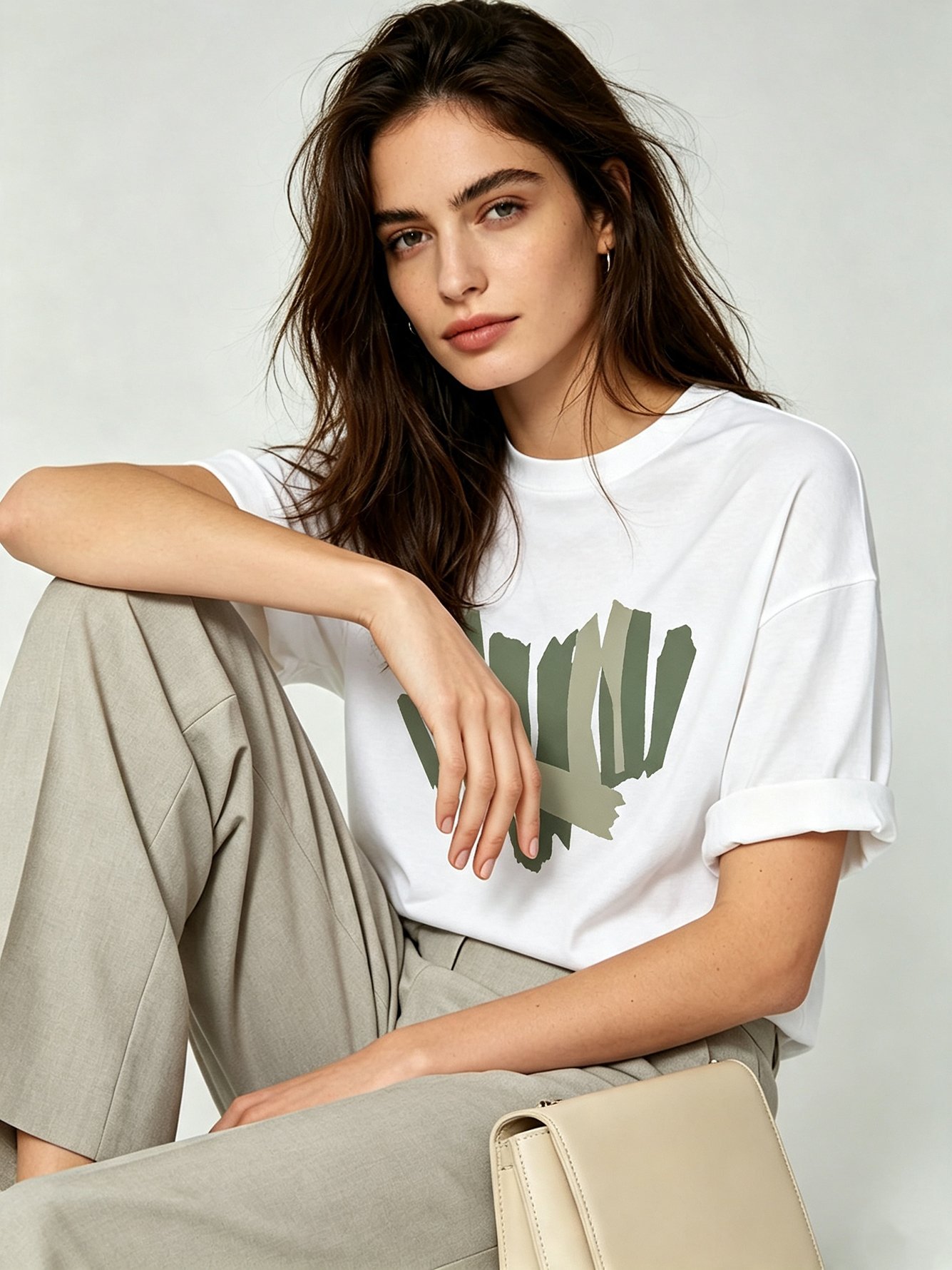 White Graphic Print Roll-Up Sleeves Knitted T-Shirt