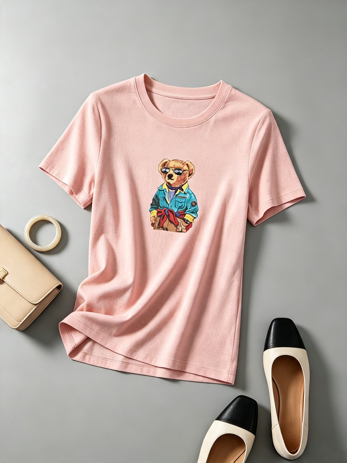 Pink Knitted Graphic Print Short Sleeve T-Shirt