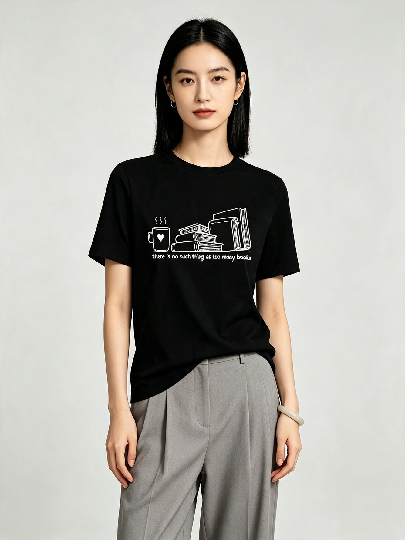 Black Graphic Print Cotton T-Shirt with Round Neck