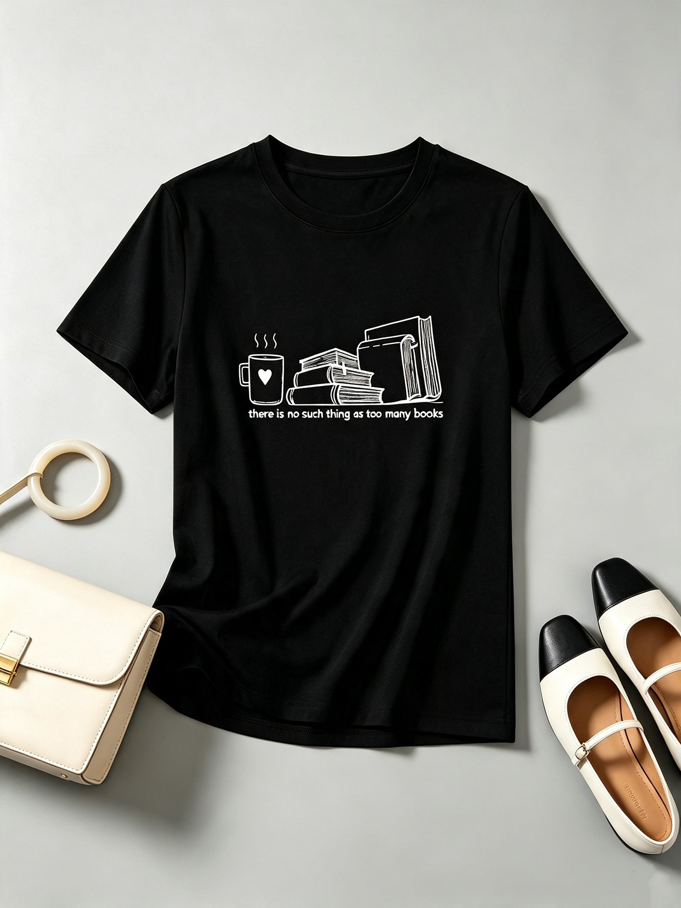Black Graphic Print Cotton T-Shirt with Round Neck