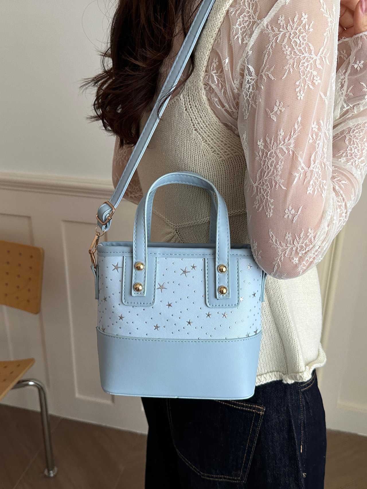 Blue Crossbody Bag with Star Embellishments