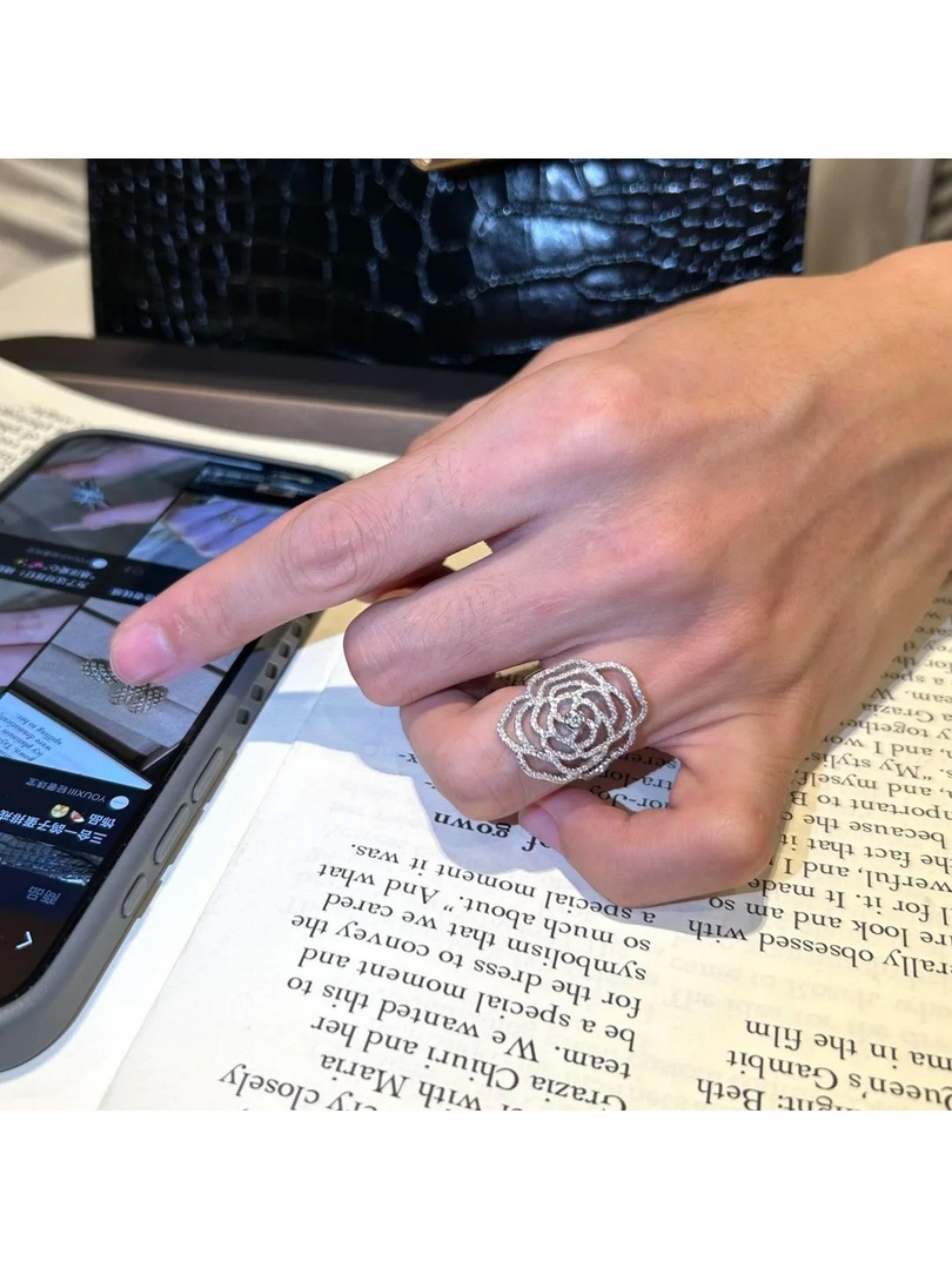 Silver Embellished Rose Ring