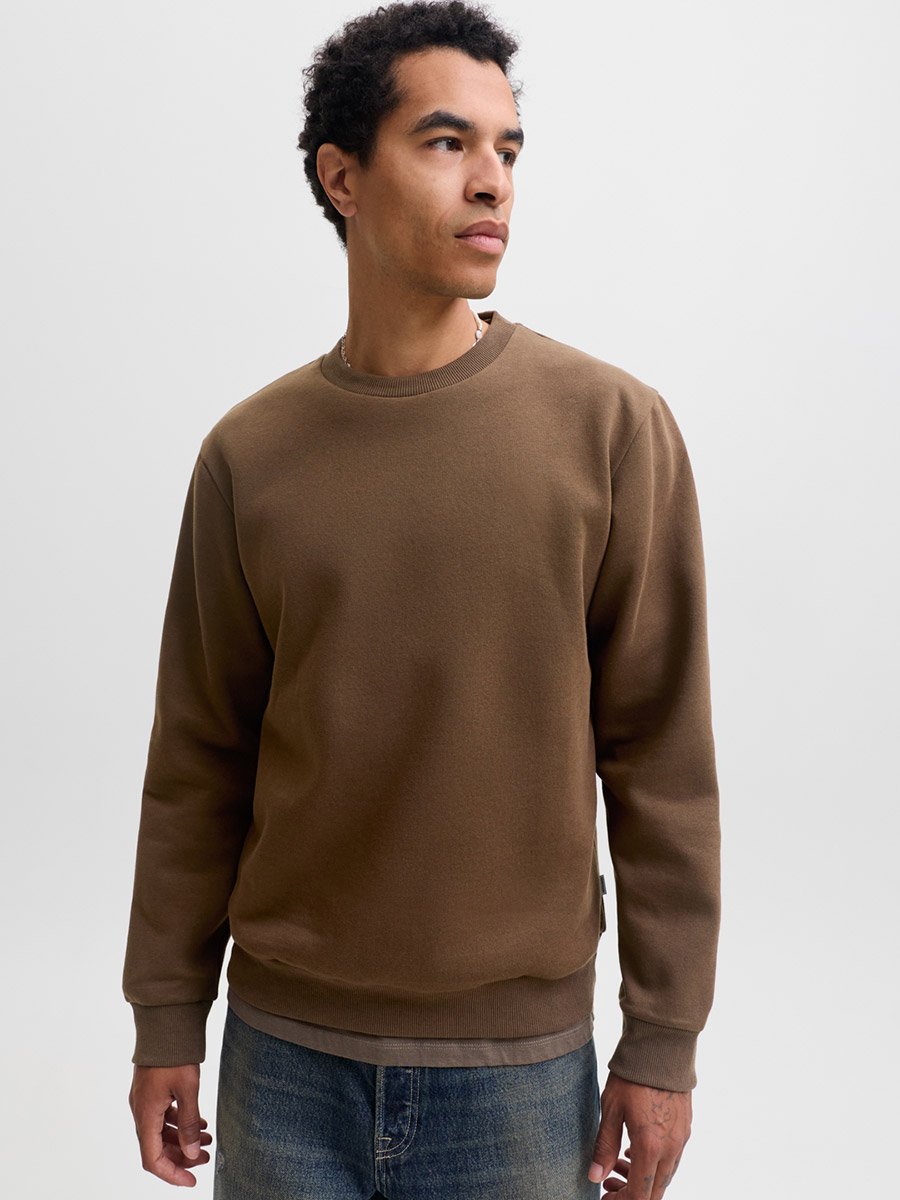 Brown Plain Crew Neck Pullover Sweatshirt