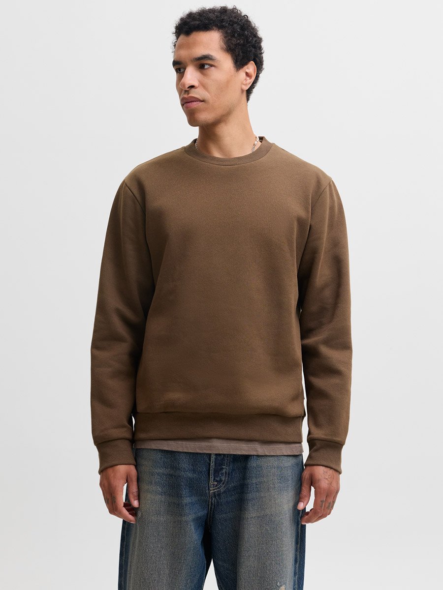 Brown Plain Crew Neck Pullover Sweatshirt