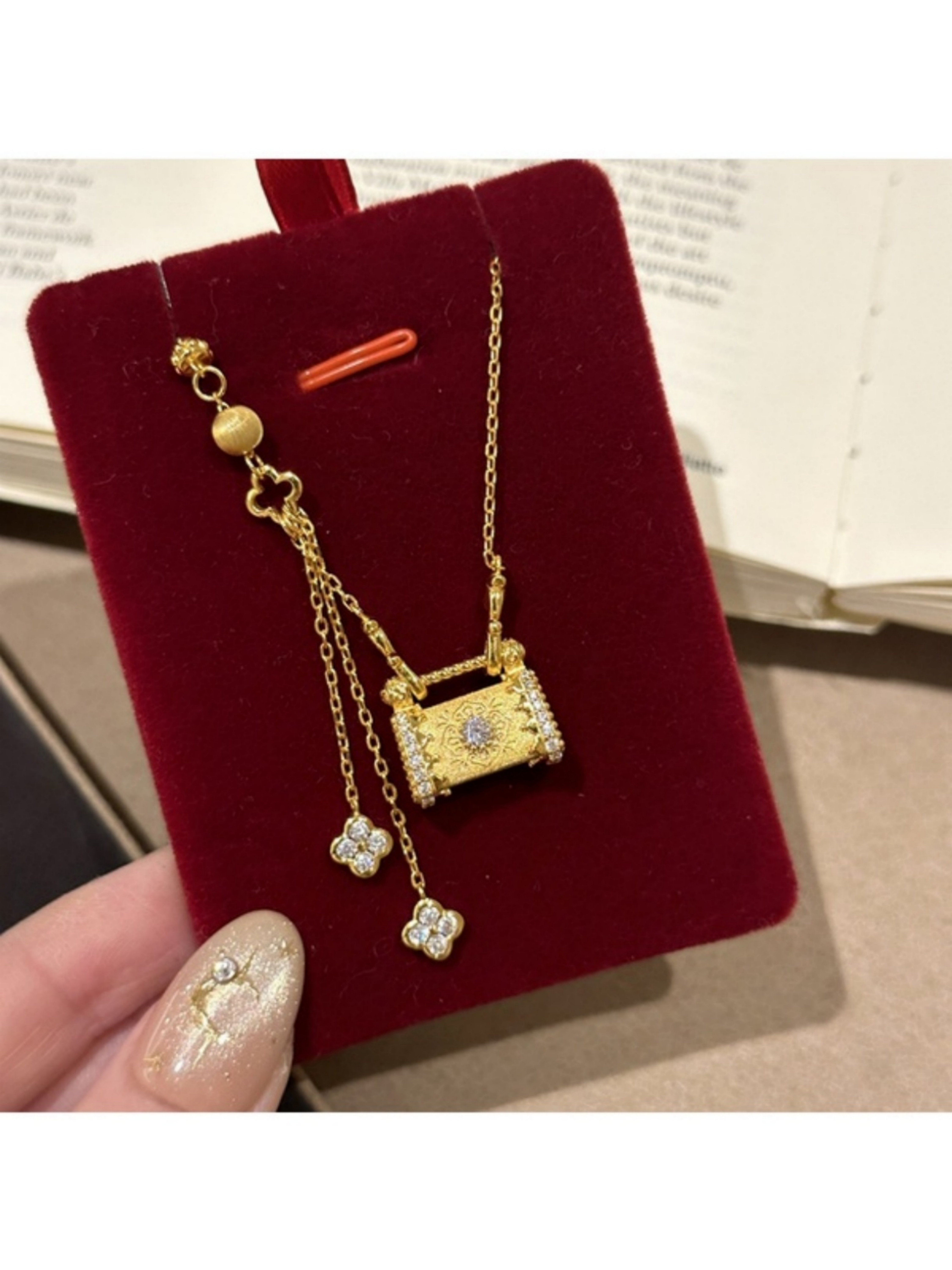 Gold Lock Necklace with Rhinestone Tassel