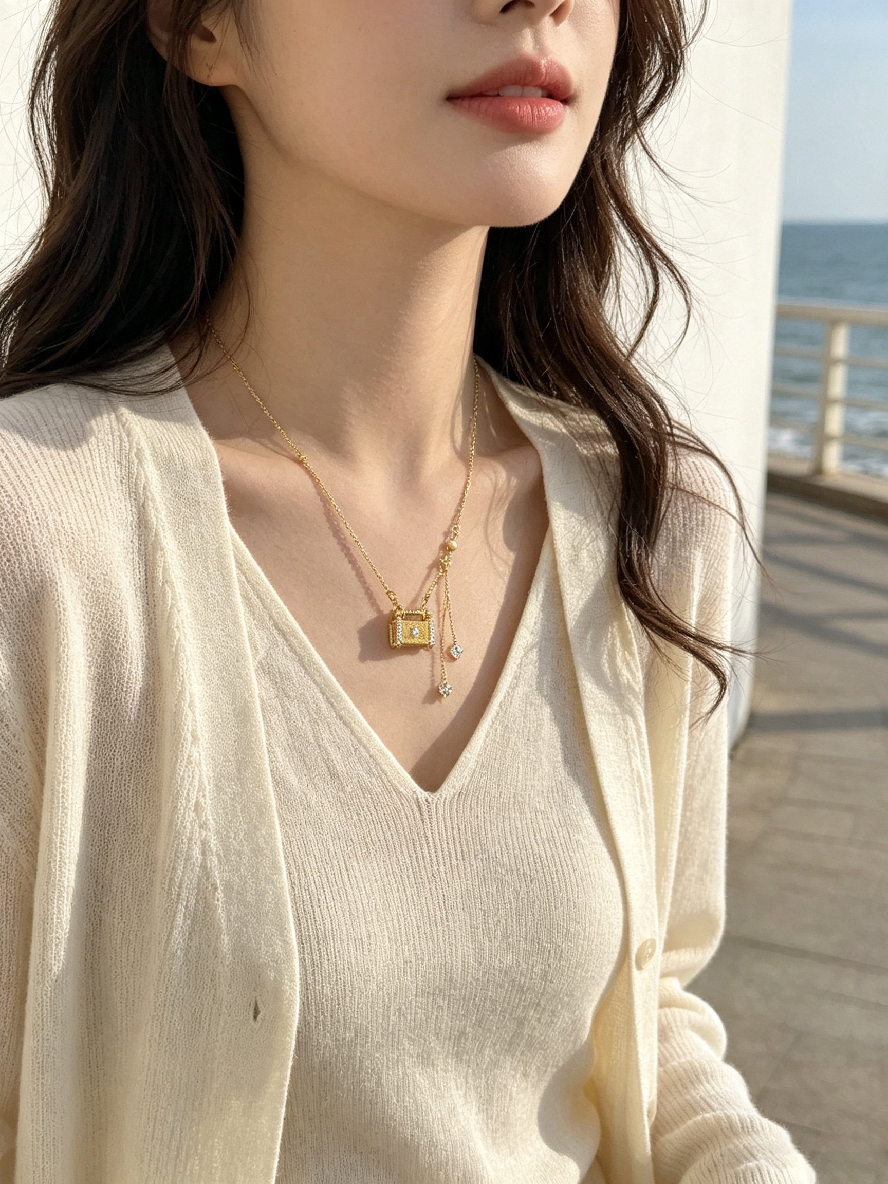 Gold Lock Necklace with Rhinestone Tassel