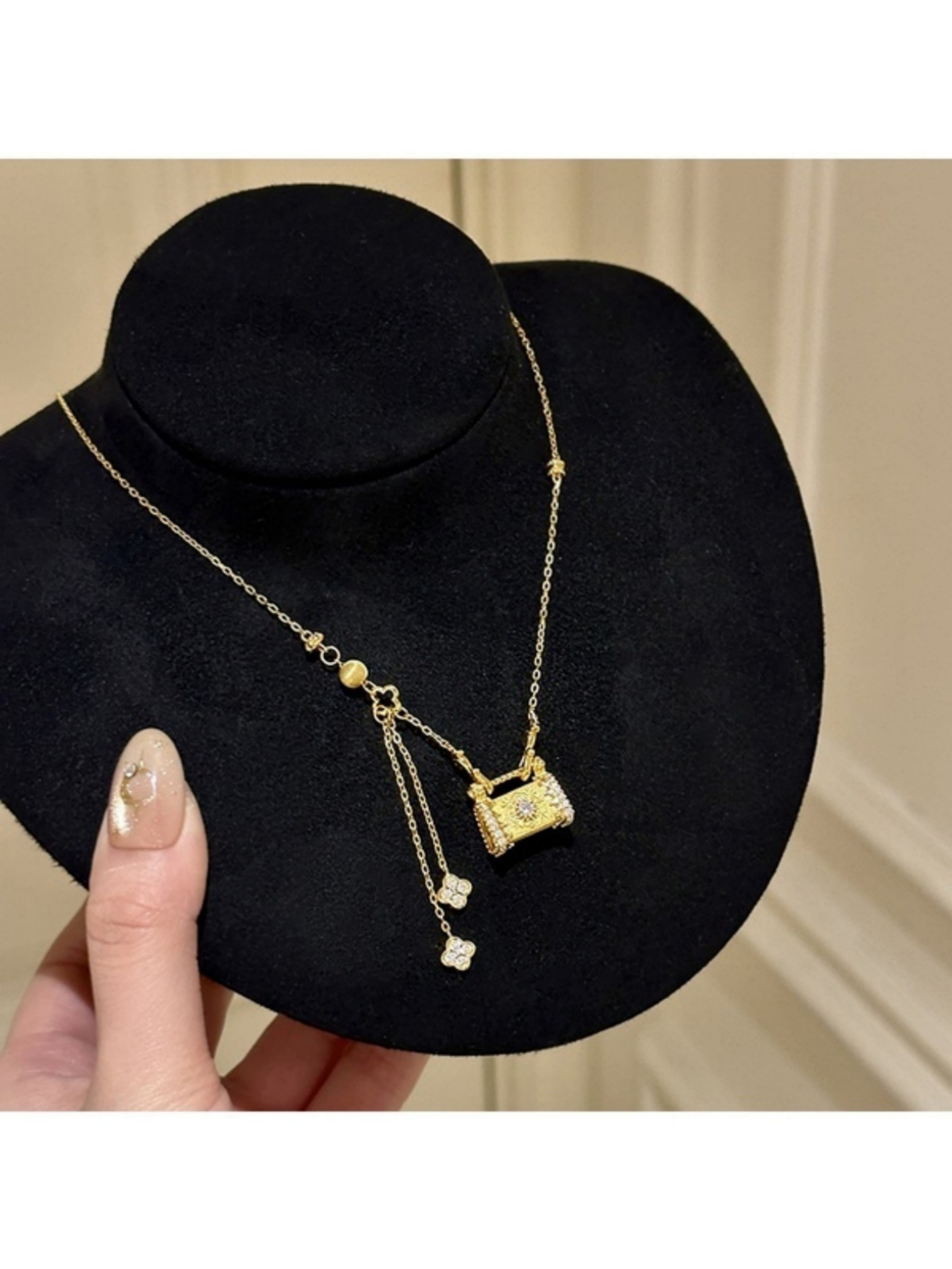 Gold Lock Necklace with Rhinestone Tassel