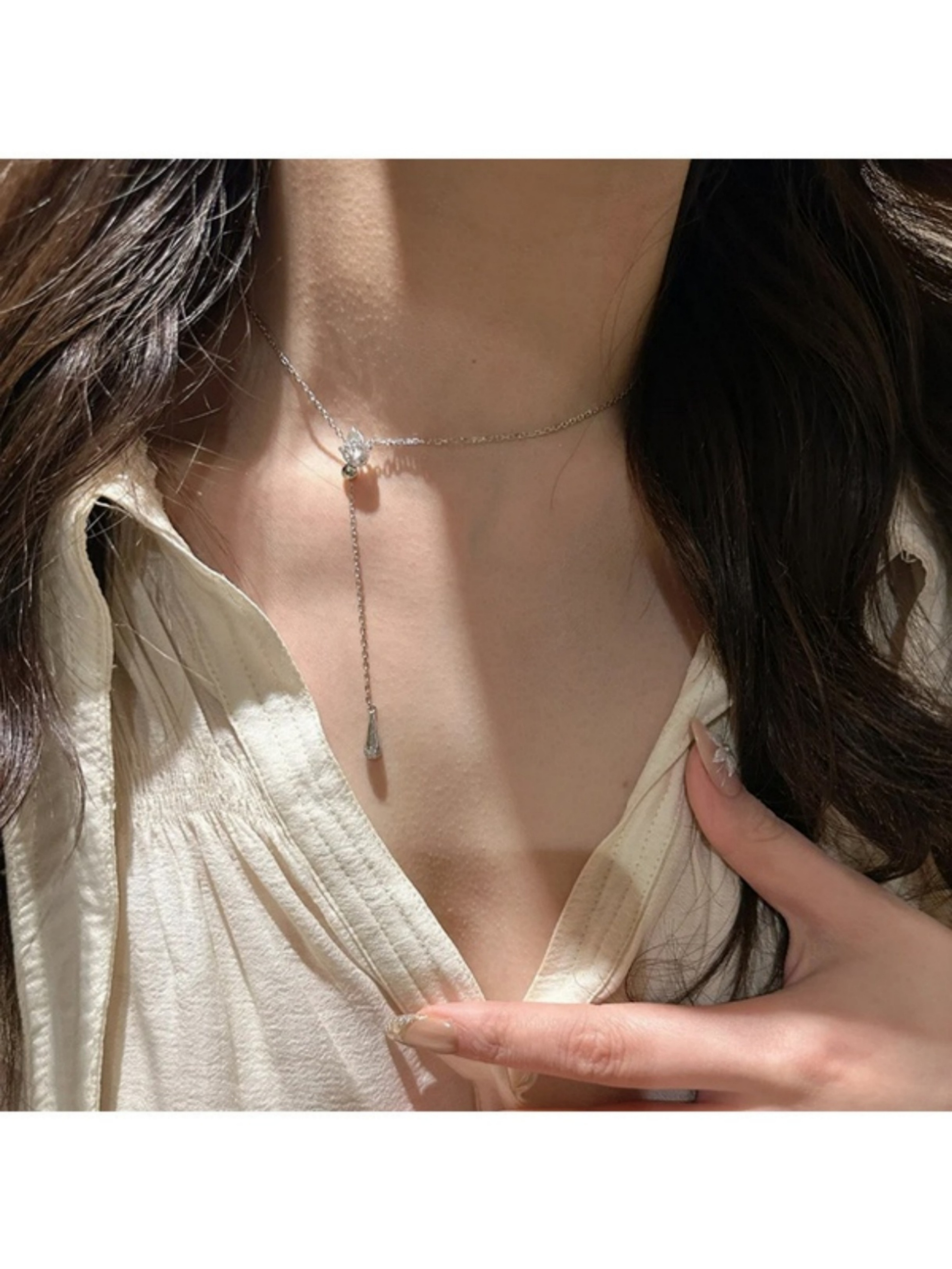 Silver Lariat Necklace with Crystal Drops