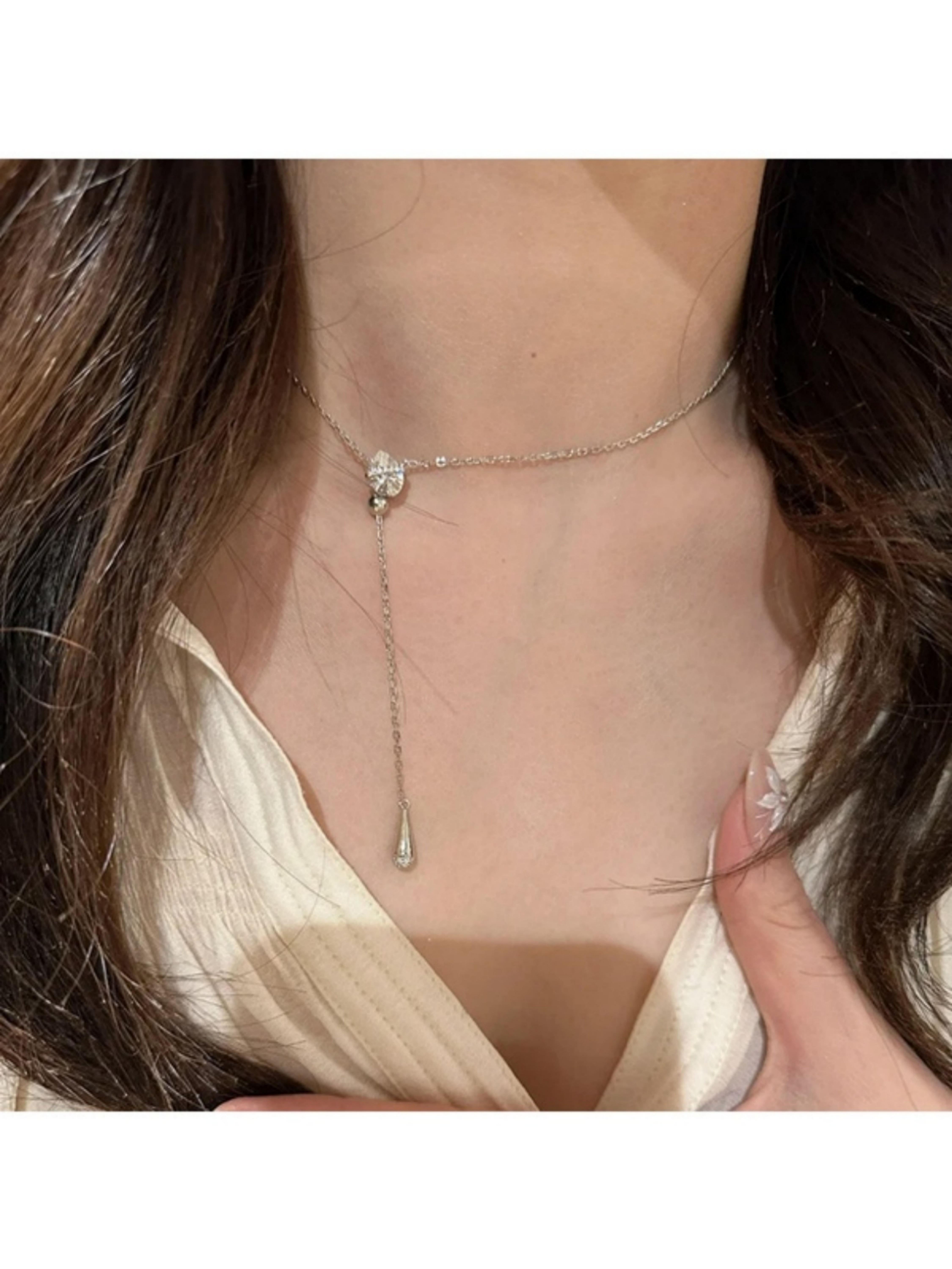 Silver Lariat Necklace with Crystal Drops