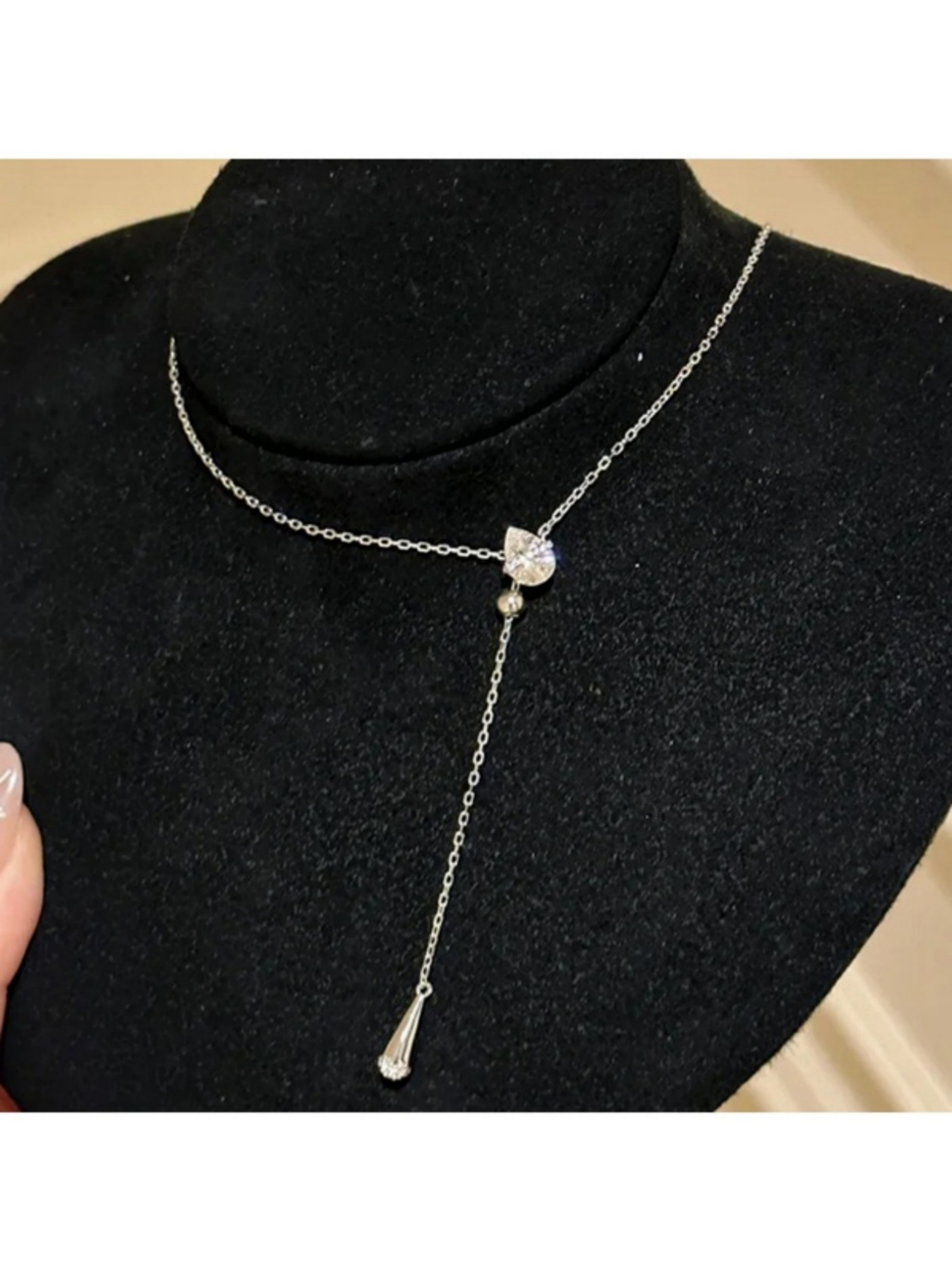 Silver Lariat Necklace with Crystal Drops