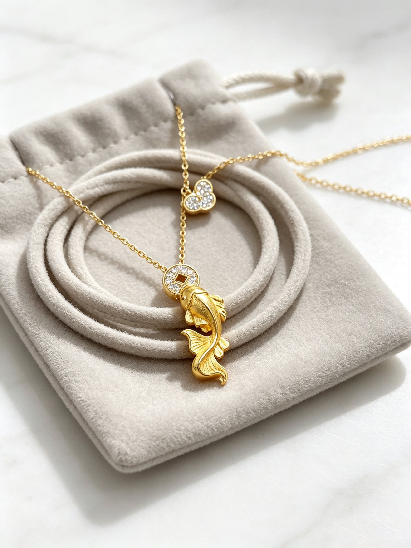 Golden Fish and Coin Charm Necklace